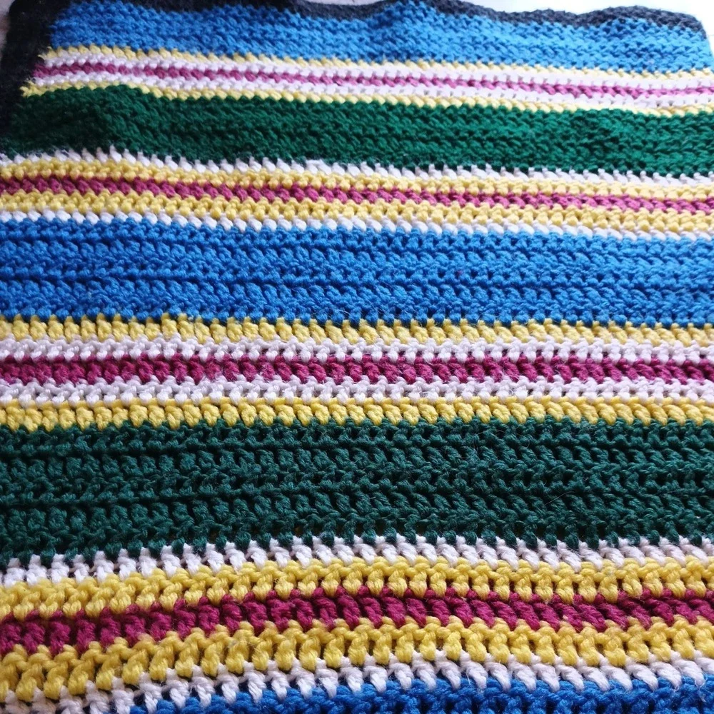 Vintage Handmade Crochet throw blanket multicolor 61in*24in Cottagecore Heavy XL